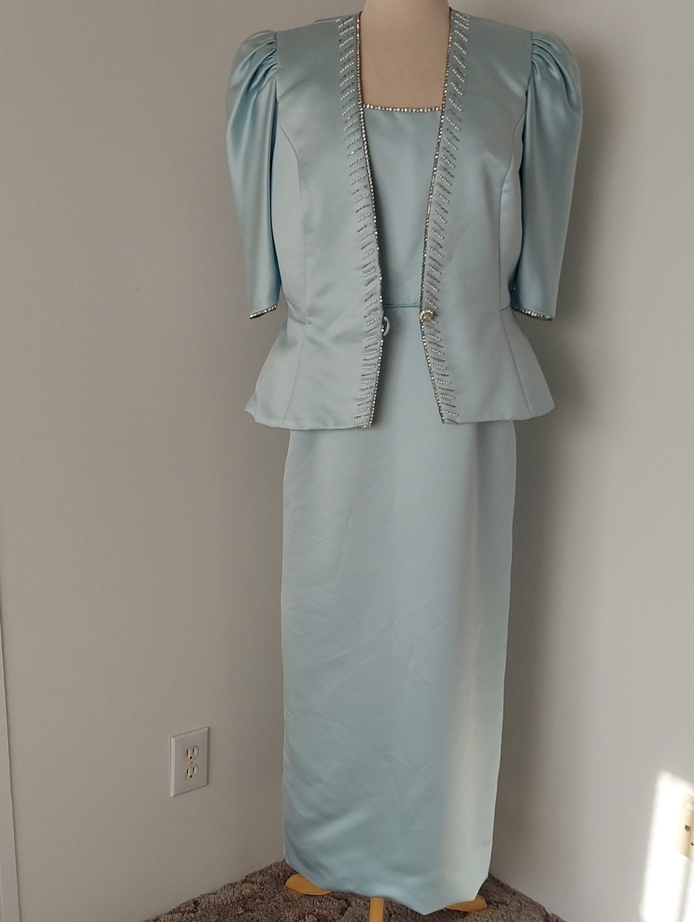 Women's Light Blue Satin Maxi Dress Suit with Embellished Trim